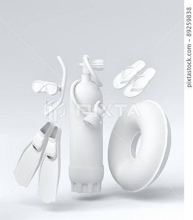 Colorful scuba stuff and beach accessories like umbrella, flip flops and inflatable ring on monochrome white background. 3D render of summer vacation concept and holidays 89259838