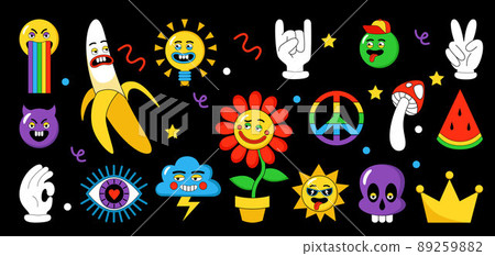 Psychedelic elements. Abstract surrealism funny emoji fashion face. Vector psychedelic funny abstract character creatures image patches funny character sticker Psychedelic elements. Abstract surrealism funny emoji fashion face. Vector psychedelic funny abstract character creatures image patches funny character sticker 89259882