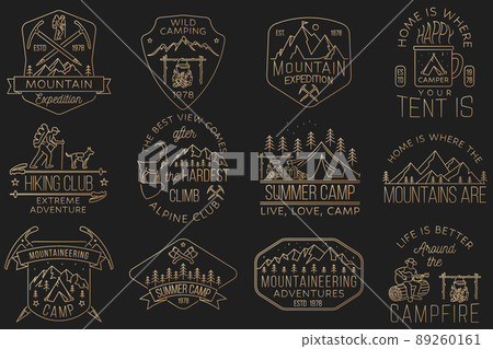 Set of Outdoor adventure badge. Vector. Vintage line art design with camping tent, hiker, dog and mountain. Outdoors adventure emblem. 89260161