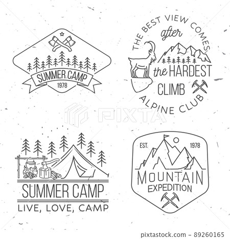 The best view comes after the hardest climb. Alpine club badge. Vintage line art design with ice axe, rock climbing Goat and mountain silhouette. Outdoors adventure emblem. 89260165