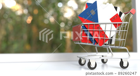 Shopping cart full of credit cards mockups with flags of the Czech Republic. Conceptual 3D rendering 89260247