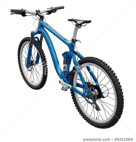Blue mountain bike on an isolated white background. 3d rendering. Blue mountain bike on an isolated white background. 3d rendering. 89261069
