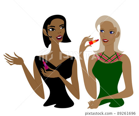 two lovely friends with cosmetic. Two beautiful ladies paint their lips, choose the color of lipstick and think what they need more for make-up, mascara, foundation, powder, highlighter, eyebrow and 89261696