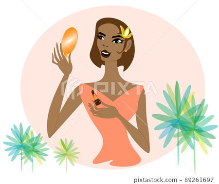 charming Lady with the mirror. Beautiful Lady looks in the mirror painting her lips and thinks what she needs more for make-up, mascara, foundation, powder, highlighter, eyebrow and eye pencil, blush. 89261697