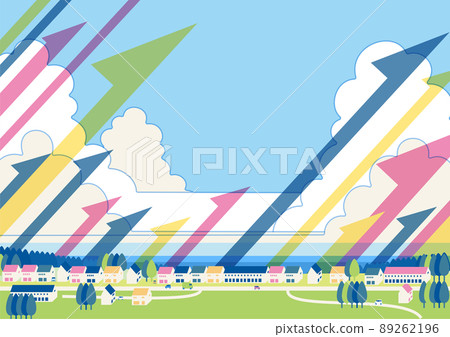 Illustration background material of upper right arrow and cumulonimbus and townscape Illustration background material of upper right arrow and cumulonimbus and townscape 89262196