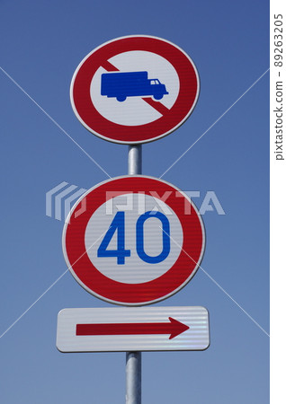 Road sign Maximum speed (beginning) Closed to large freight vehicles, etc. Road sign Maximum speed (beginning) Closed to large freight vehicles, etc. 89263205