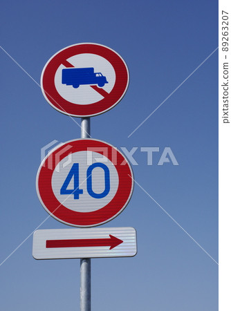 Road sign Maximum speed (beginning) Closed to large freight vehicles, etc. Road sign Maximum speed (beginning) Closed to large freight vehicles, etc. 89263207