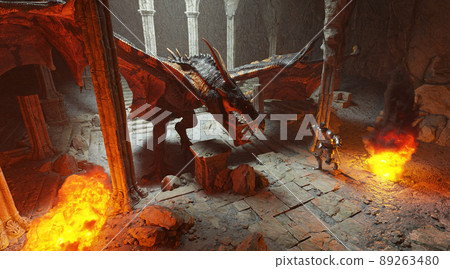 Fantasy battle scene with dragon attacking medieval knight 3d illustration 89263480