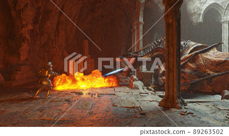 Fantasy battle scene with dragon attacking...-插圖素材 [89263502] - PIXTA圖庫