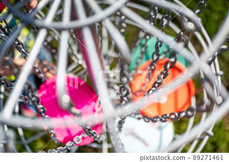 Top view of a golf basket chains with discs blurred below Top view of a golf basket chains with discs blurred below 89271461