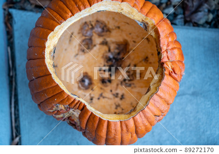 Moldy old pumpkin after being left out in the cold night of Halloween.  89272170