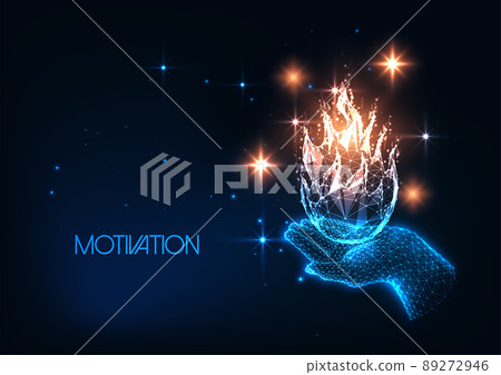 Futuristic motivation concept with glowing low polygonal human hand holding flame  89272946