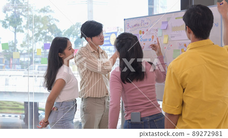 Focused start up business team working together and writing ideas on whiteboard during meeting. Focused start up business team working together and writing ideas on whiteboard during meeting. 89272981