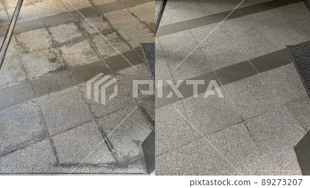 Before and after. Comparison of cleaning and stain removal on an old natural granite interior floor 89273207