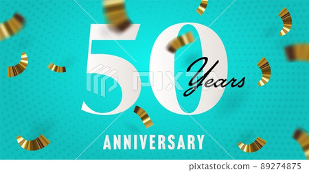 Fiftieth years anniversary greeting template. Realistic design with numeral and lettering over light blue background and falling golden confetti ribbon vector illustration Fiftieth years anniversary greeting template. Realistic design with numeral and lettering over light blue background and falling golden confetti ribbon vector illustration 89274875