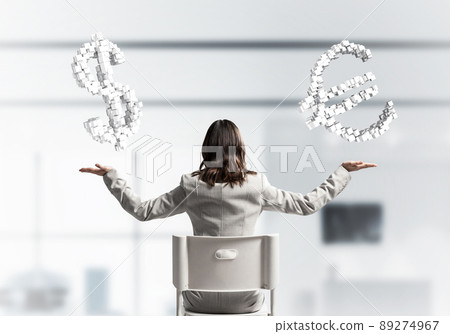 Woman showing balance gesture with euro currency 89274967