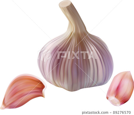 Realistic garlic bulb and clove isolated on white. 89276570