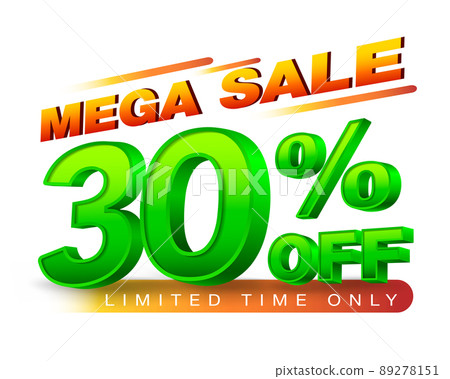 30% Off Mega sale Special Offer 3D Template Thirty Percent. Sale, Discount. Metal, Green, Glossy Numbers. Isolated On White Background. EPS file. 89278151