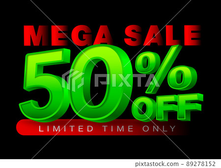 50% Off Mega sale Special Offer 3D Template Fifty Percent. Sale, Discount. Metal, Green Glossy Numbers. Isolated On Black Background. EPS file. 89278152