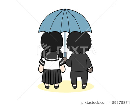 Illustrations of the backs of men and women walking with a pair of umbrellas (black men and Japanese women) Illustrations of the backs of men and women walking with a pair of umbrellas (black men and Japanese women) 89278874