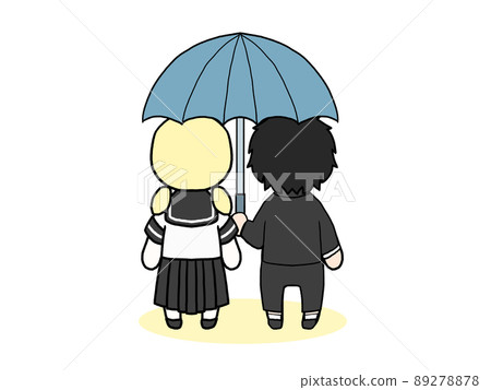 Illustrations of the backs of men and women walking with a pair of umbrellas (Japanese men and white women) 89278878
