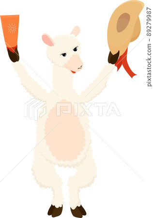 Cartoon llama holds sunscreen and straw hat Cartoon llama holds sunscreen and straw hat 89279987