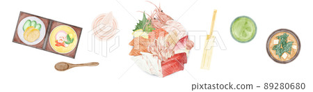 Hand-painted watercolor style illustration of seafood bowl seen from above 89280680