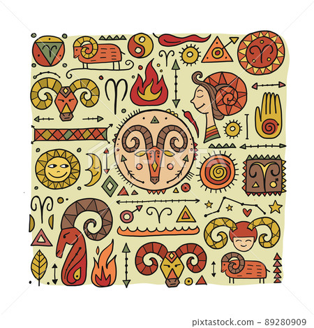 Illustration of Aries zodiac sign. Element of Fire. Design of Astrology Calendar, Horoscope, Print. 89280909