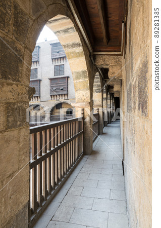 Arch with wooden balustrades, caravansary (Wikala) of Bazaraa, Cairo, Egypt Arch with wooden balustrades, caravansary (Wikala) of Bazaraa, Cairo, Egypt 89281385