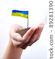 Hand of woman and Ukrainian flag at white background 89281390