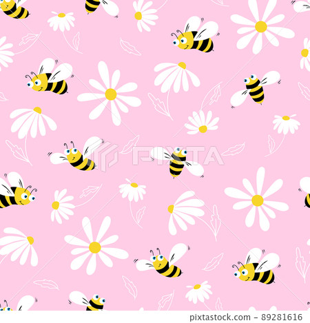 Daisy and bee seamless pattern. Flowers, petals and cartoon bees on a pink background. Vector illustration Daisy and bee seamless pattern. Flowers, petals and cartoon bees on a pink background. Vector illustration 89281616