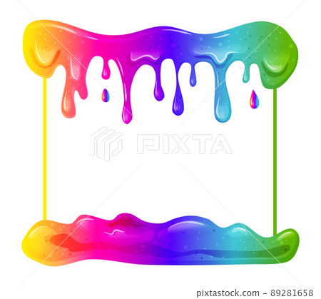 Flowing rainbow slime square frame. Dripping toxic viscous liquid on a black background. Vector cartoon illustration.  89281658