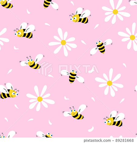 Daisy and bees seamless pattern on a pink... - Stock Illustration ...