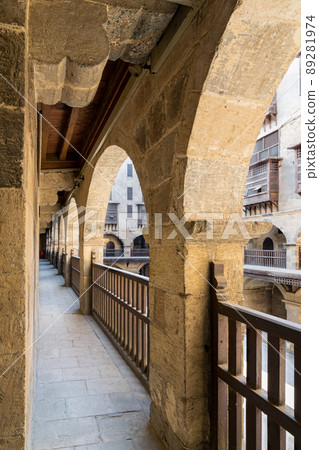 Arch with wooden balustrades, caravansary (Wikala) of Bazaraa, Cairo, Egypt Arch with wooden balustrades, caravansary (Wikala) of Bazaraa, Cairo, Egypt 89281974