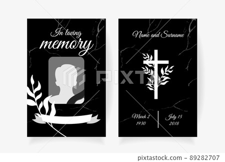 Funeral card template design with branches place under photo cross name and dates of death. Vector illustration in black and white 89282707