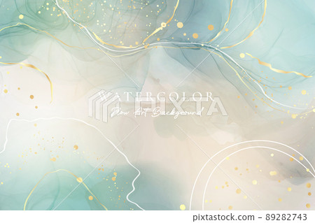 Blue green liquid watercolor background with golden stains and beige. Emerald grey marble alcohol ink drawing effect. Vector illustration design template for wedding invitation, business cover Blue green liquid watercolor background with golden stains and beige. Emerald grey marble alcohol ink drawing effect. Vector illustration design template for wedding invitation, business cover 89282743
