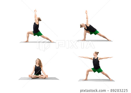 Collage of male yoga. 30 years old athletic caucasian blond long-haired man practice balance asanas and lotus pose, exercise set, isolated on white. Collage of male yoga. 30 years old athletic caucasian blond long-haired man practice balance asanas and lotus pose, exercise set, isolated on white. 89283225