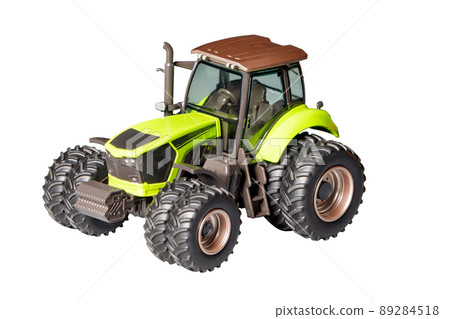 Toy model of a powerful construction maneuverable tractor with wide wheels. The image is isolated on a white background. 89284518