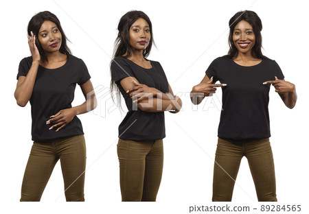 Young black woman wearing blank black shirt Young black woman wearing blank black shirt 89284565