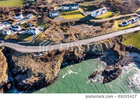 Aerial view of the sunny rocky coast of Portnablagh, Co. Donegal, Ireland 89285427