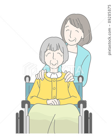 A daughter who puts her hand on the shoulder of an old woman in a wheelchair-parent and child, mother and daughter, long-term care A daughter who puts her hand on the shoulder of an old woman in a wheelchair-parent and child, mother and daughter, long-term care 89285875
