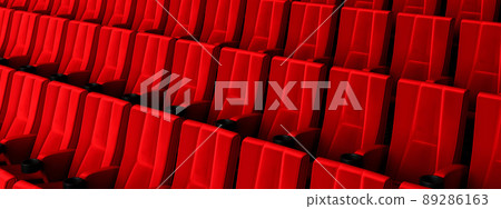 Rows of red velvet seats watching movies in the cinema with copy space banner background. Entertainment and Theater concept. 3D illustration rendering Rows of red velvet seats watching movies in the cinema with copy space banner background. Entertainment and Theater concept. 3D illustration rendering 89286163