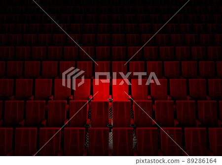 Rows of red velvet seats watching movies in the cinema with spotlight only couple deluxe seat background. Entertainment and Theater concept. 3D illustration rendering 89286164