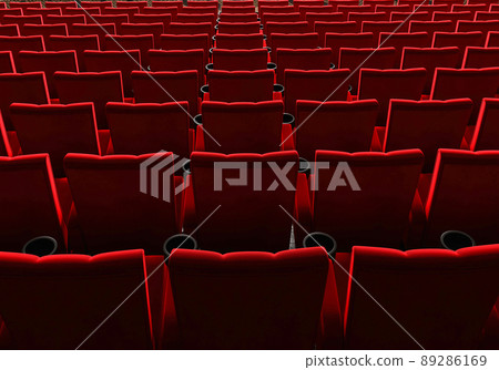 Rows of red velvet seats watching movies in the cinema with copy space banner background. Entertainment and Theater concept. 3D illustration rendering Rows of red velvet seats watching movies in the cinema with copy space banner background. Entertainment and Theater concept. 3D illustration rendering 89286169