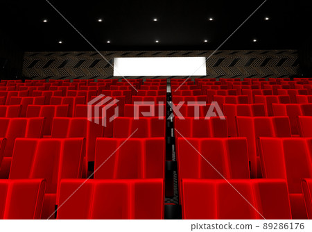 Rows of red velvet seats watching movies in the cinema with copy space banner background. Entertainment and Theater concept. 3D illustration rendering 89286176