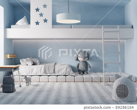 Built-in bunk bed for kids or children room in blue pastel and white tone color background. Education and Interior architecture concept. 3D illustration rendering 89286184