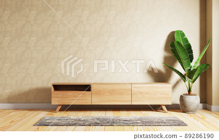 Wooden cupboard cabinet on the middle of modern living room with raw concrete wall background. Interior and Architecture concept. 3D illustration rendering Wooden cupboard cabinet on the middle of modern living room with raw concrete wall background. Interior and Architecture concept. 3D illustration rendering 89286190