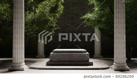 Stone platform with Corinthian pillars and natural trees with shadow background. Historical and landmark object for advertising concept. 3D illustration rendering 89286209