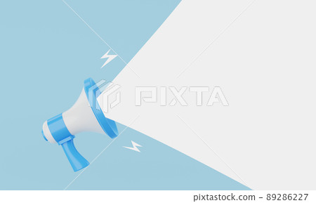 Blue and white megaphone announcing white empty blank space message balloon on blue background. Business and marketing concept. 3D illustration rendering Blue and white megaphone announcing white empty blank space message balloon on blue background. Business and marketing concept. 3D illustration rendering 89286227