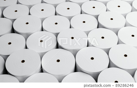 Group of white paper rolls in industrial factory for storage background. Production and manufacturing concept. 3D illustration rendering 89286246